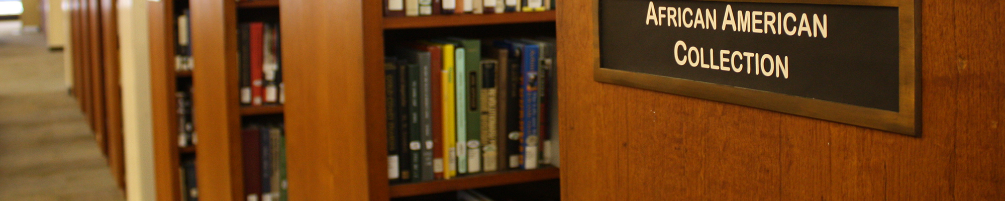 A close-up of the African American Collections sign on the bookshelves in Hillman Library