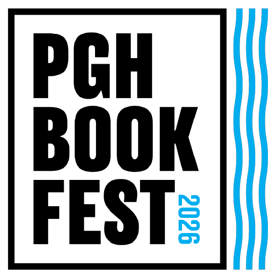 Bold black text reading ‘PGH Book Fest 2026’ stacked on a white background, with ‘2026’ in blue vertically along the right side and blue wavy lines forming a decorative border on the far right to mimic the look of pages in a book