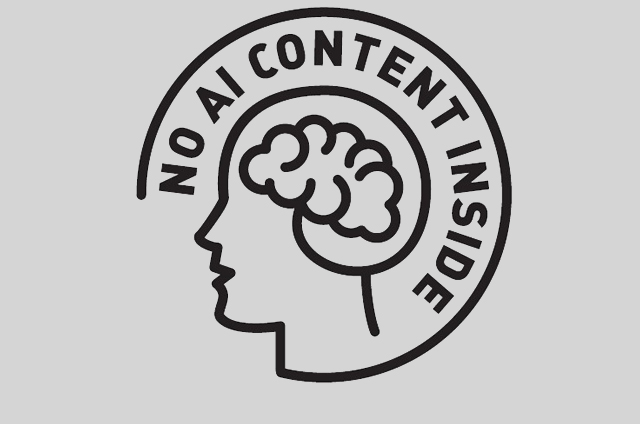 Simple black outline of a human head in profile with a brain drawn inside, surrounded by a partial circular arc that includes the wording "No AI Content Inside"
