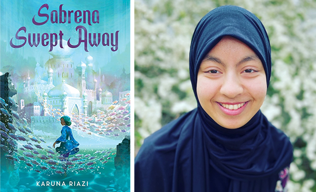 Book cover of "Sabrena Swept Away" by Karuna Riazi, showing a girl underwater near a glowing palace surrounded by fish.