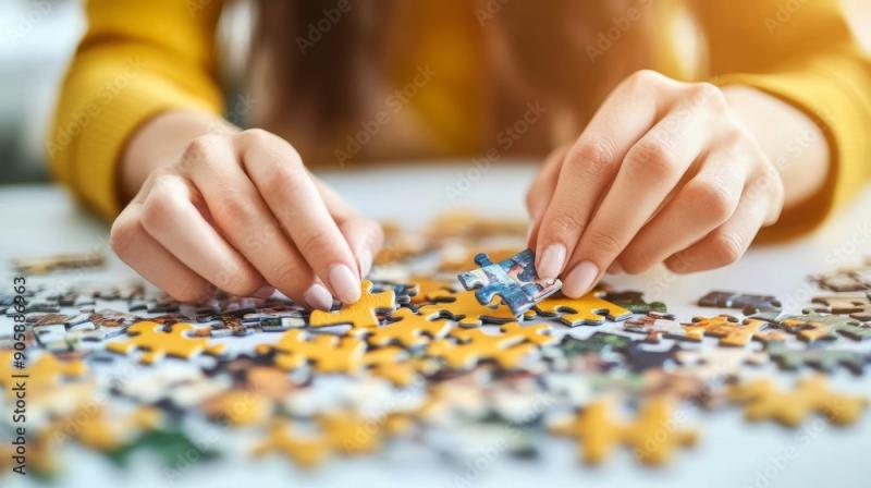 Woman putting together puzzle pieces